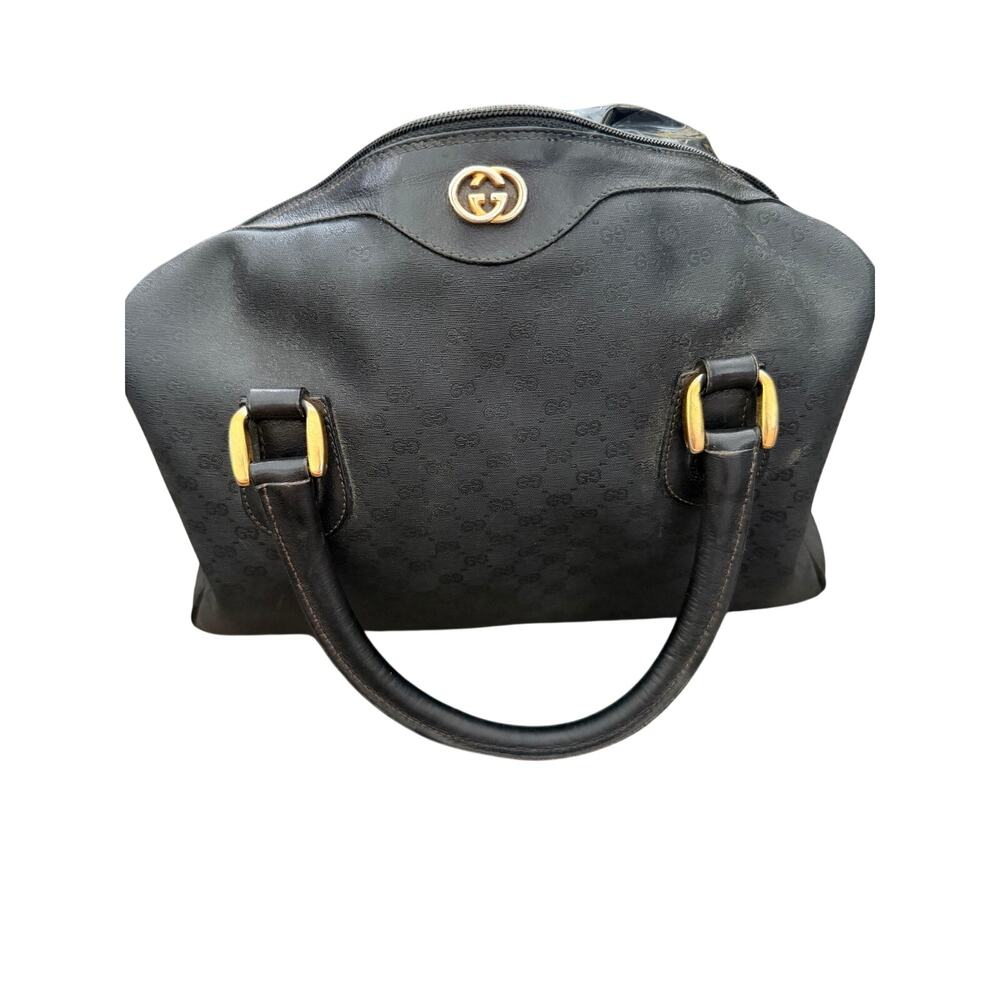 VTG Gucci Boston Bag Black Monogram Embossed Leather Trim Double Handle Strap